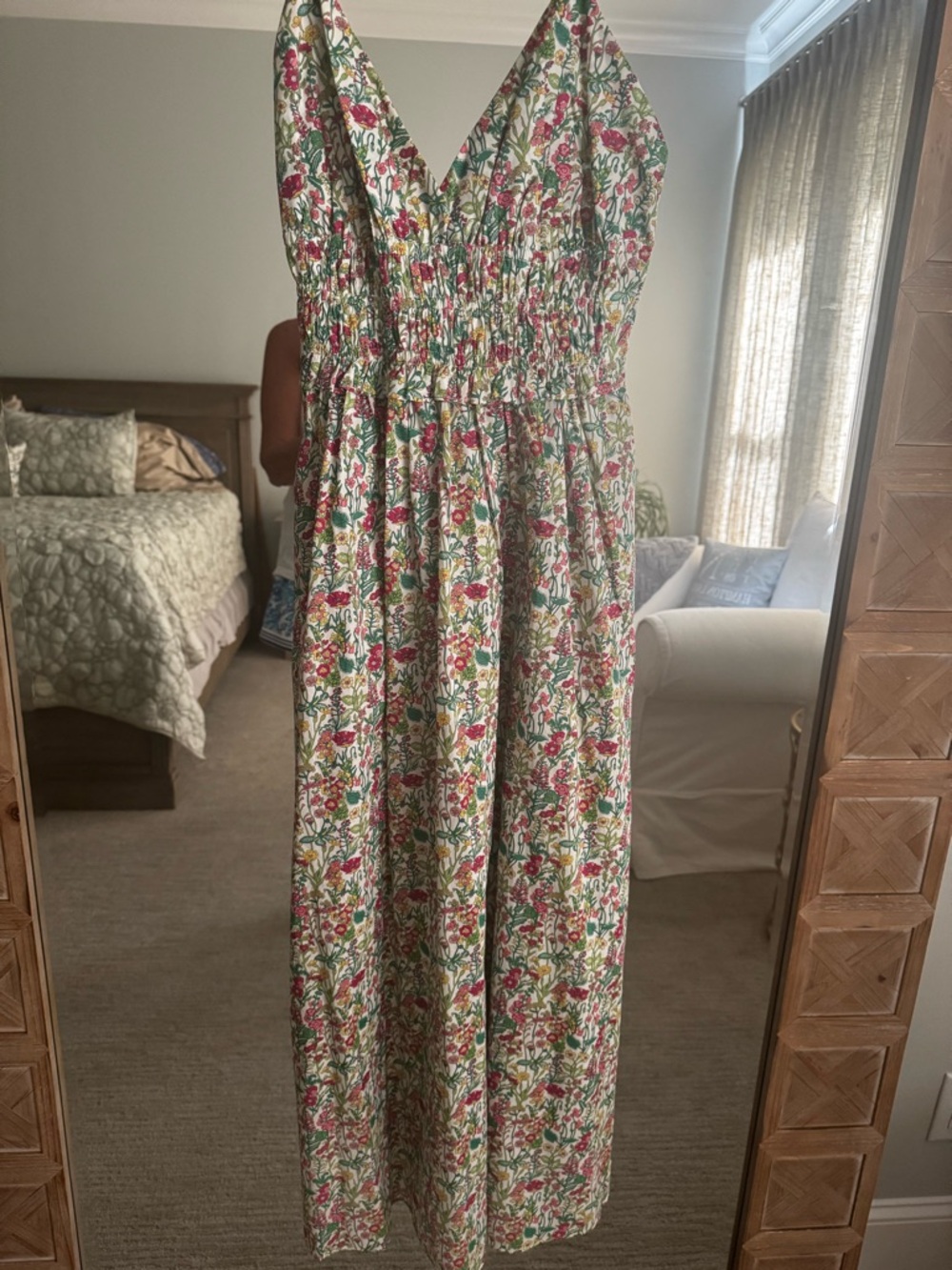 J. Crew Liberty Floral Smocked Waist Maxi Dress in White, Pink & Green - Picture 4 of 6